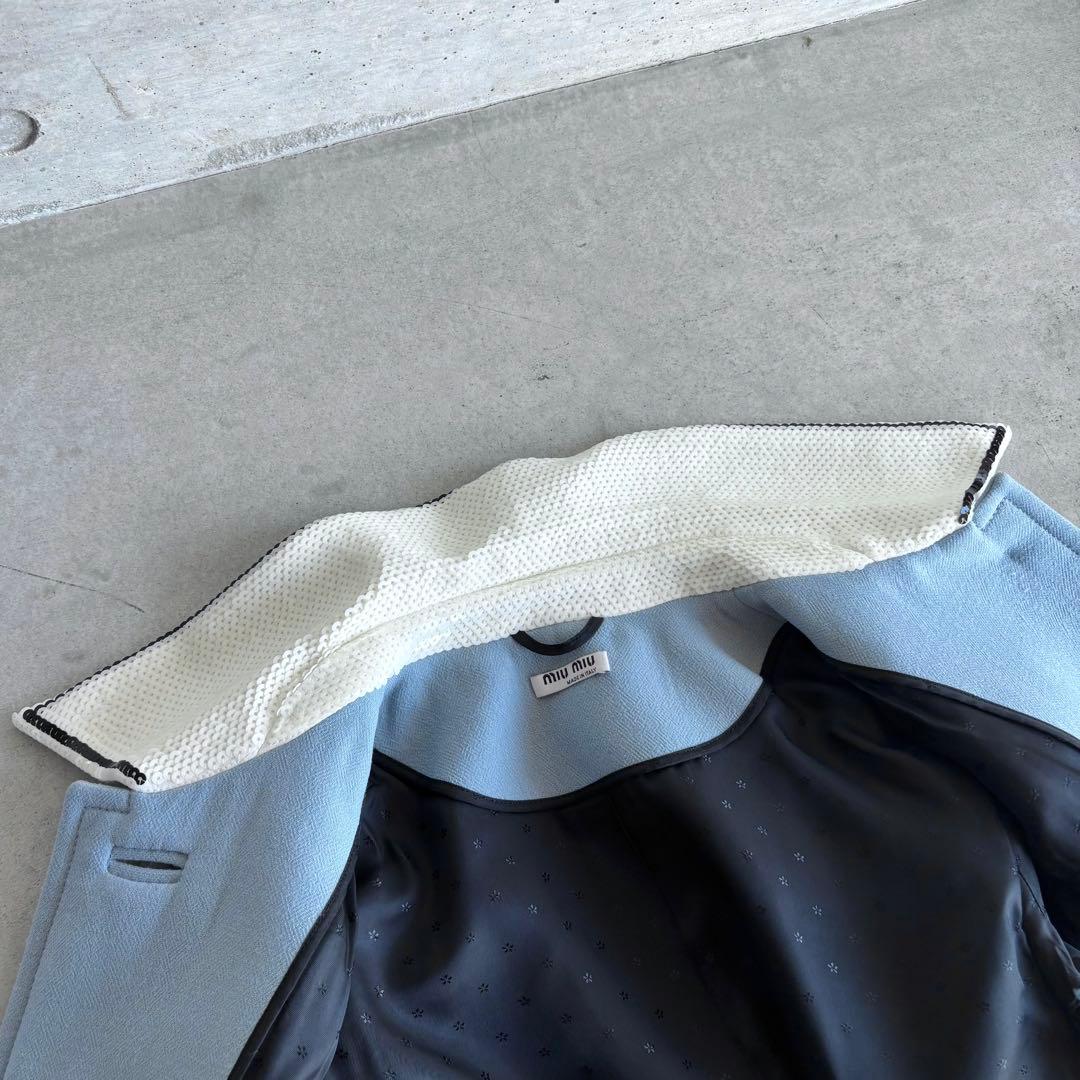 美品 miu miu スパンコール装飾 ステンカラーコート 38 ブルー