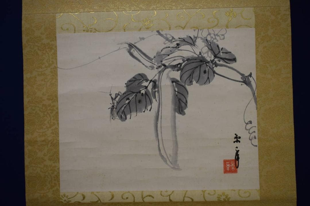 真作/今尾景年/刀豆にカマキリ図/景祥の桐極箱二重箱付/布袋屋掛軸HJ-109