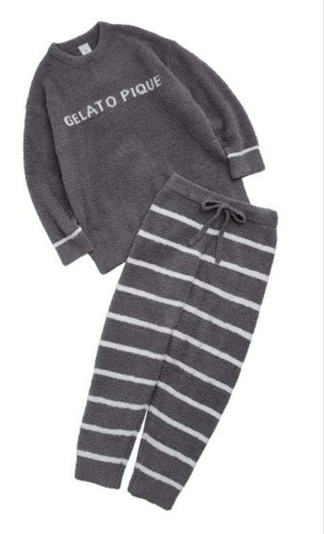 ジェラートピケ　ルームウェア　上下セット　グレー　ロゴ　ボーダー　パンツ
