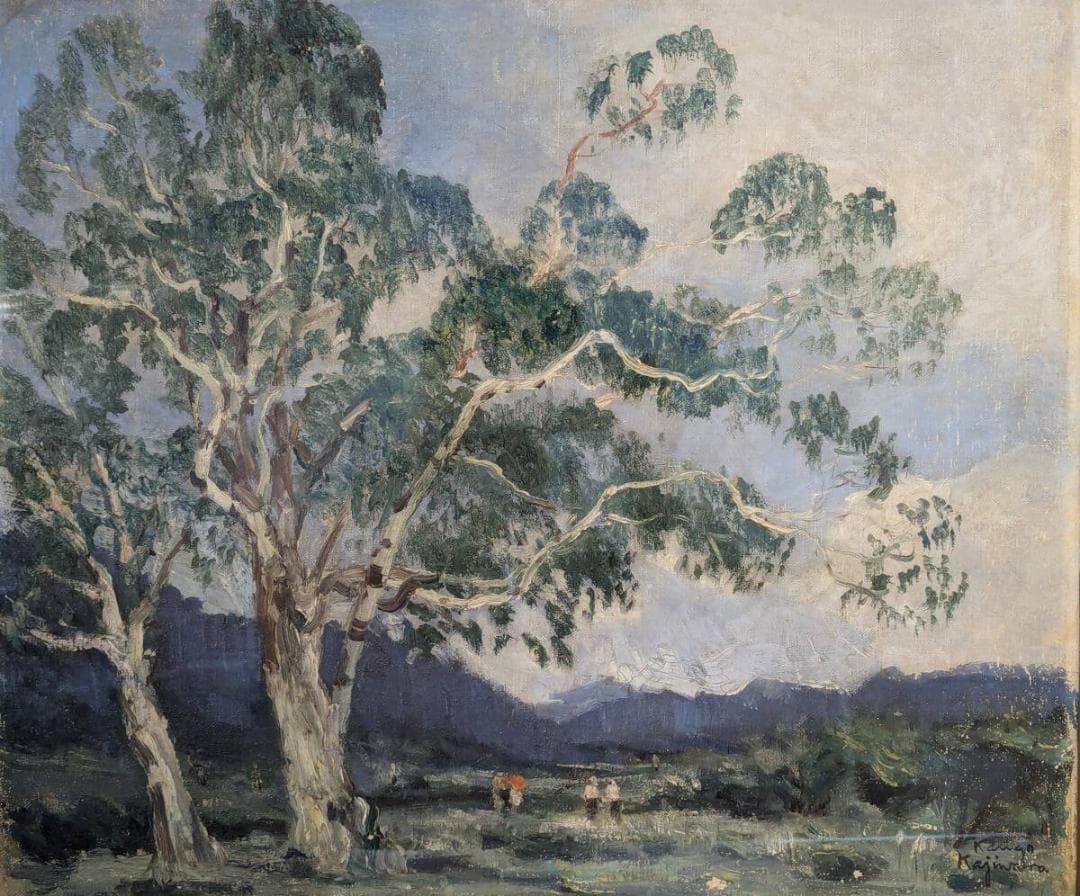 【真作】絵画　梶原貫五　油彩10号　夏の白樺　雄大な木々と田園風景　V39