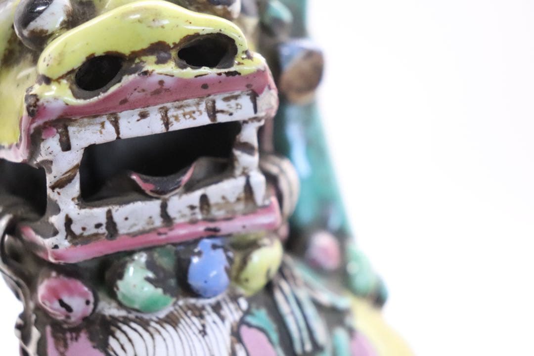 中国　清時代　洋彩　獅子　置物　共箱　送料込み250115