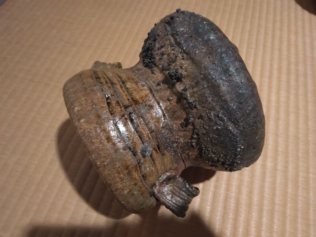 【共箱あり／未使用】茶道具 水指 焼き〆 耳付水指 蓋2種付き 陶芸品 花器