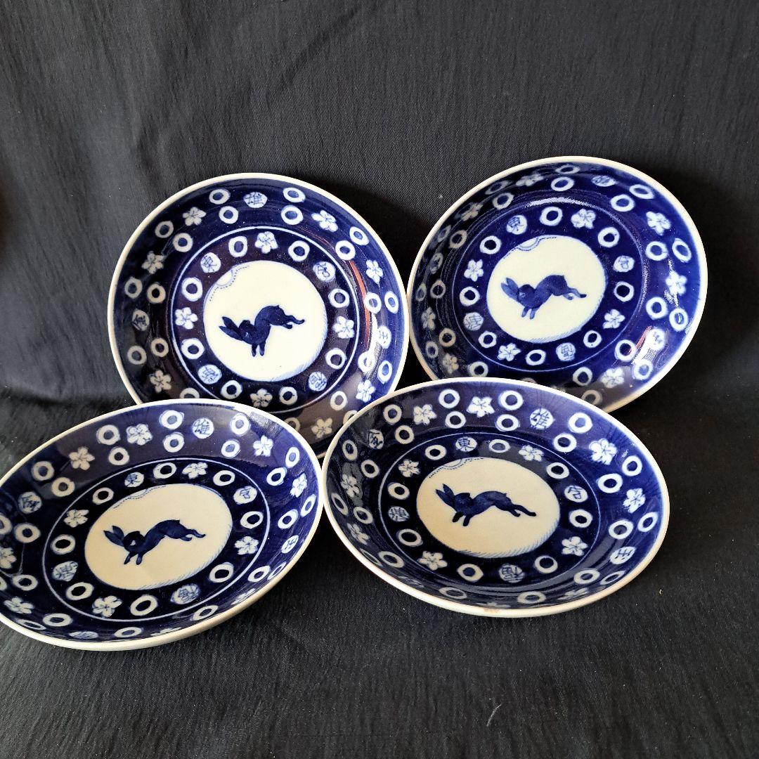 「キズがあっても、\"名品\"！お月見兎(うさぎ)と櫛高台」古伊万里皿4客セット 骨