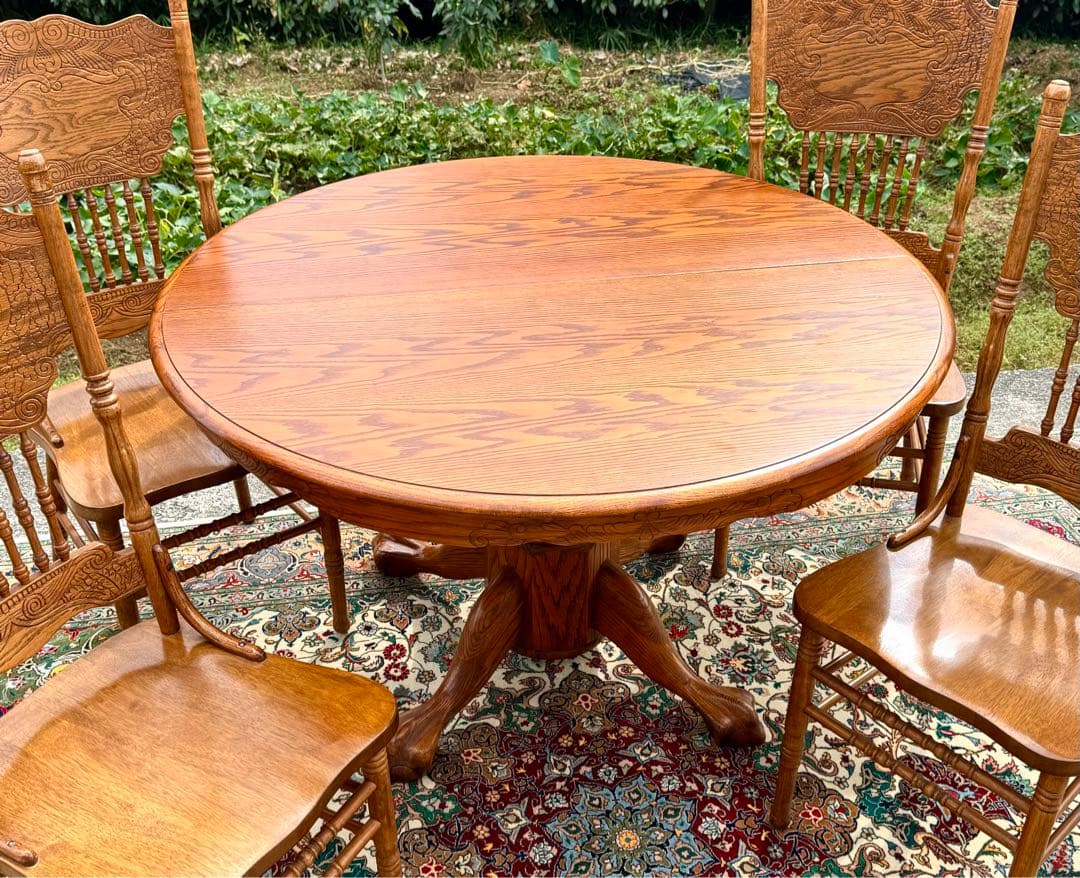 美しいオーク杢目 丸型伸長式テーブル ヴィンテージ　直径122-183cm