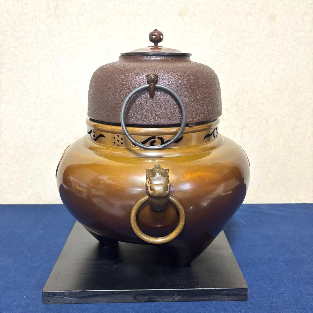未使用 人間国宝高橋敬典 風炉 茶釜 唐銅鬼面風炉 野々田電熱器 敷板 茶道具
