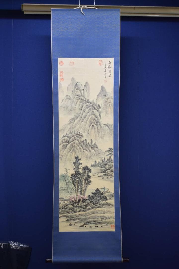 真作/墨林/春景山水人物図/布袋屋掛軸HI-84