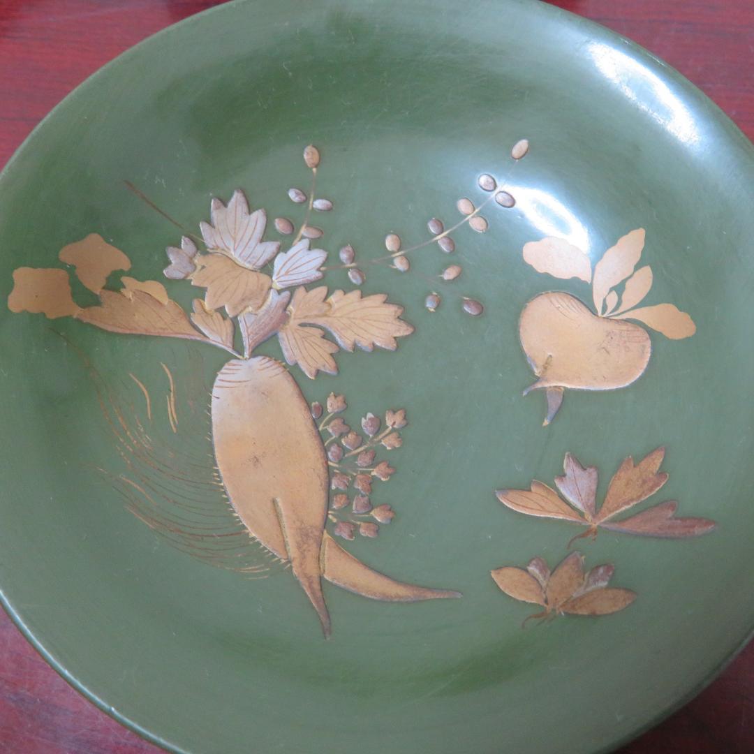 緑吸物碗 青地 盃 蒔絵 大根 カブ 6ケ 小傷1ケ 明治頃 希少 漆器