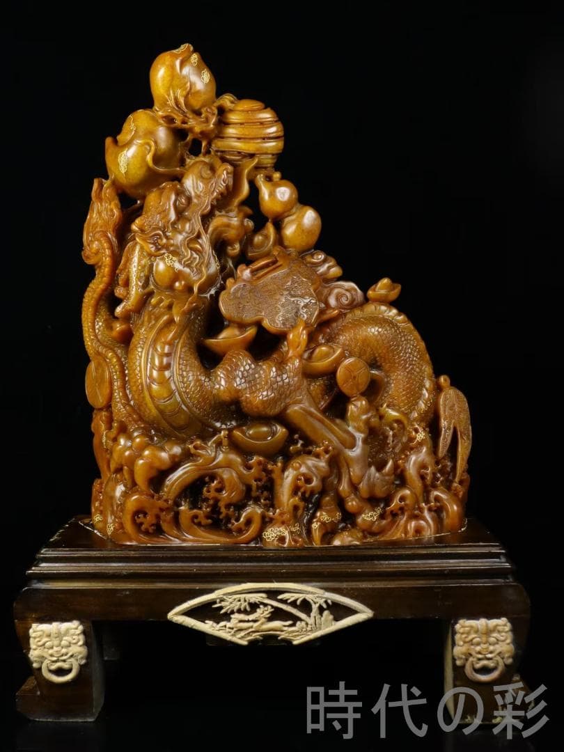 中国古美術【寿山石田黄石 金龍献宝】篆刻家 西鳳作款 旧蔵重器 鏤空細工 在銘