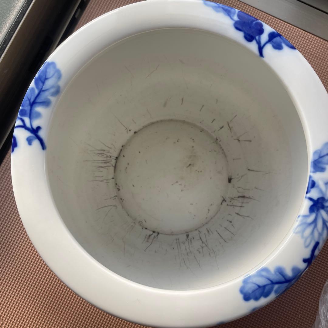 【最終値下げ　当時物】火鉢　ノリタケ　陶器　ブルー　菊　手あぶり　メダカ鉢　日陶