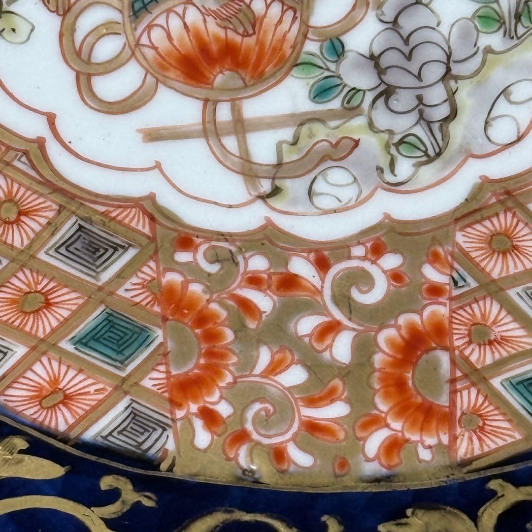 幕末〜明治期　赤絵　花籠文菊花形大皿　獅子牡丹　人物画　上手物　直径40.7cm