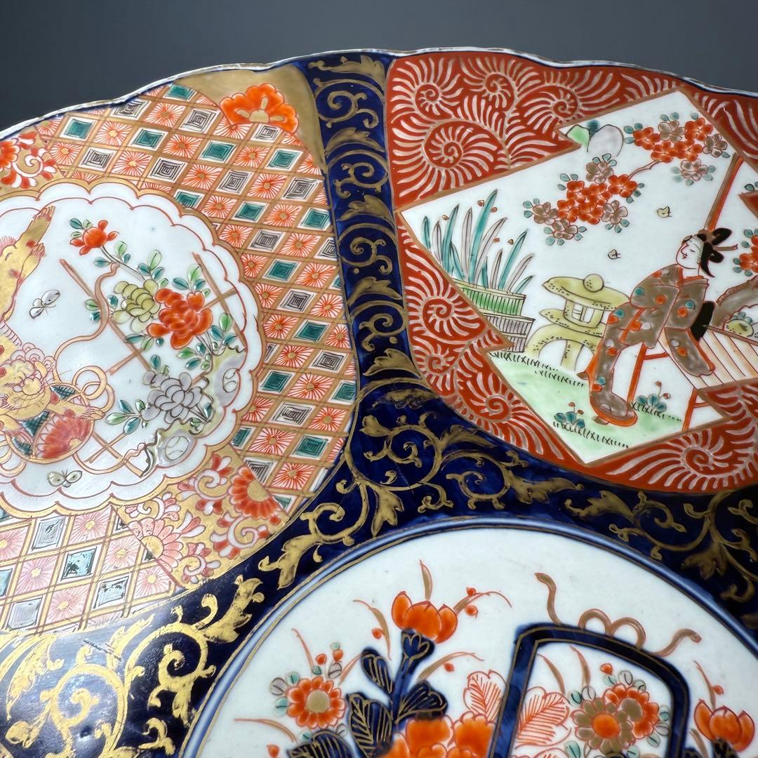 幕末〜明治期　赤絵　花籠文菊花形大皿　獅子牡丹　人物画　上手物　直径40.7cm