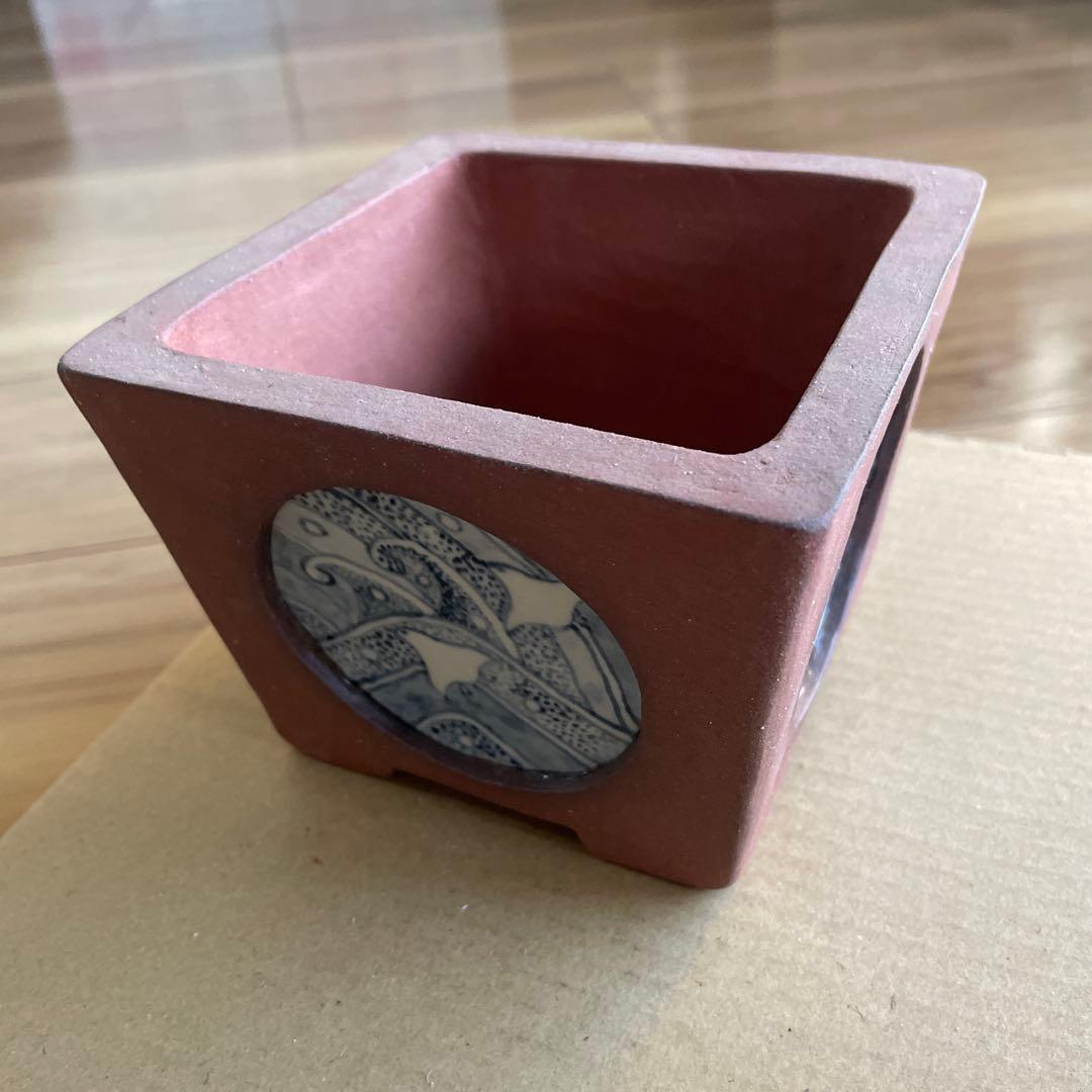 盆栽鉢　桑津香石　植木鉢　落款印　鳥　山野草　大きめ　四角形