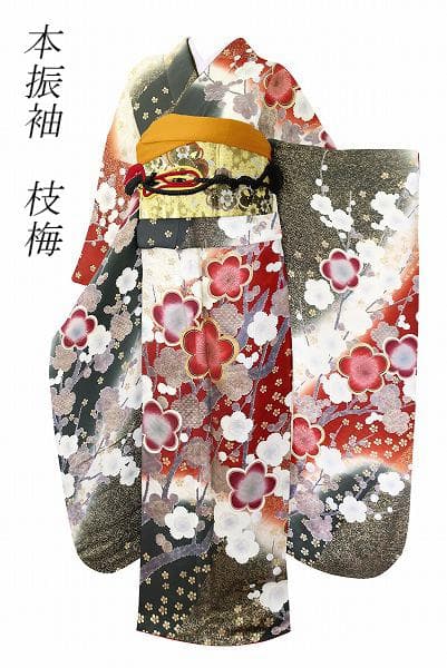 美品 振袖 朱赤 深緑 枝梅 金駒刺 金彩加工 身丈164cm お洒落