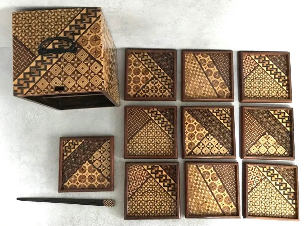 希少　箱根寄木細工　工芸品　取り皿10枚　取り箸付き(箱根駅伝トロフィー)