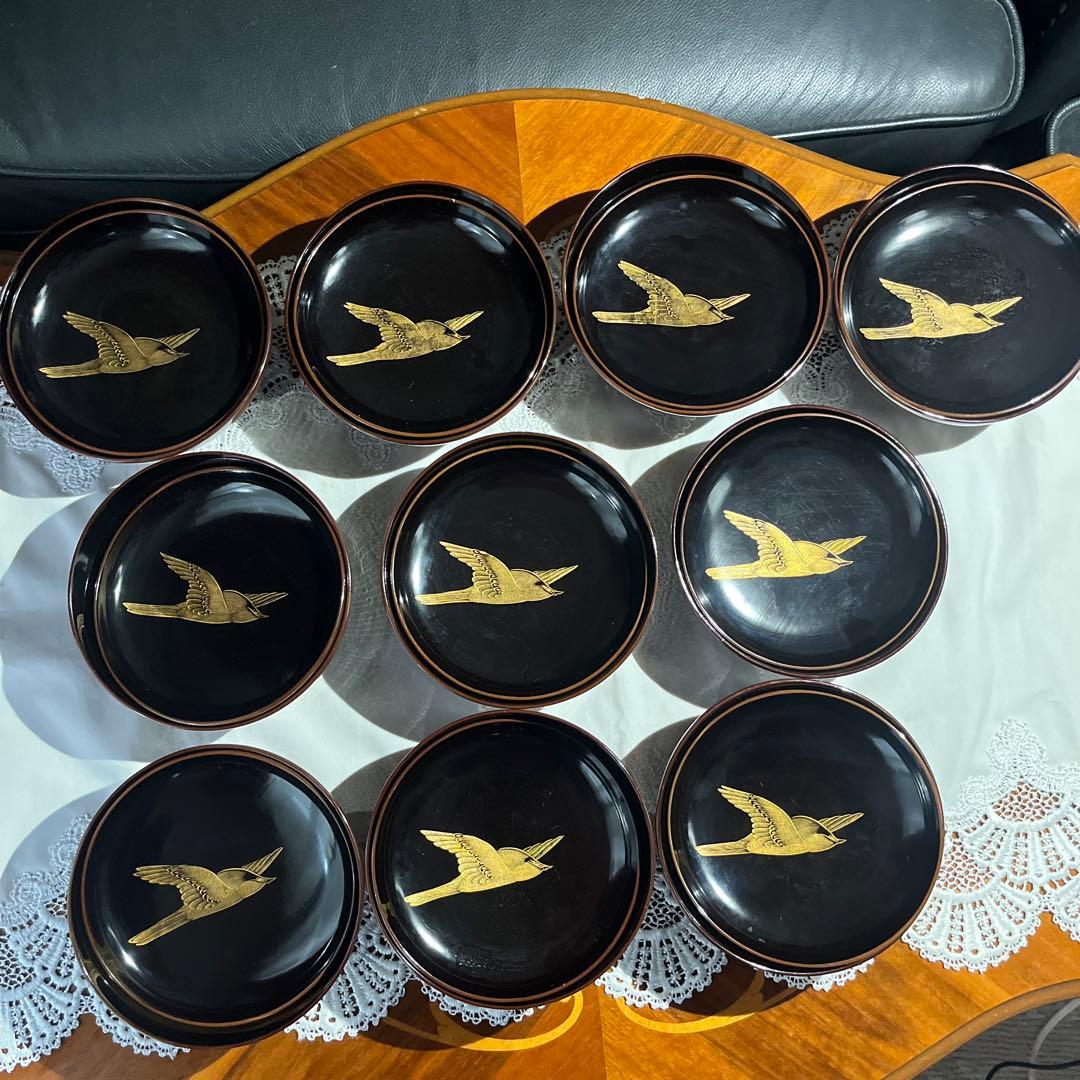 茶道 煎茶 年代物 漆器 沈金 梅に鶯 吸物椀 10客揃