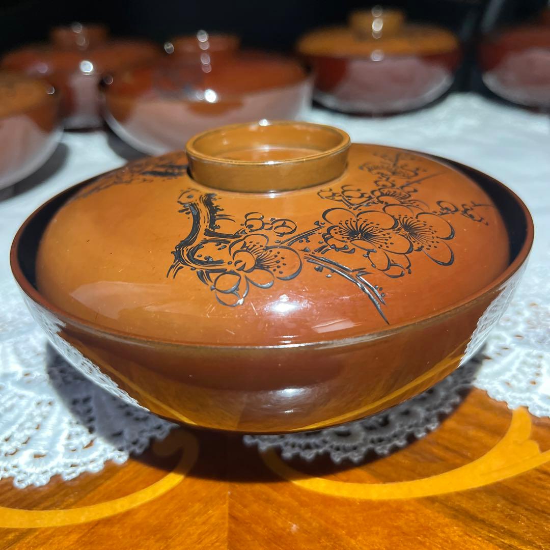 茶道 煎茶 年代物 漆器 沈金 梅に鶯 吸物椀 10客揃