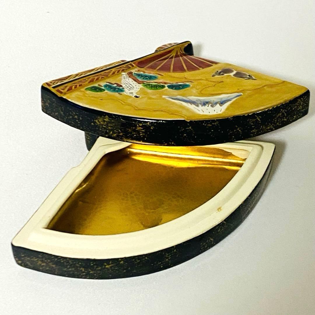 橋本城岳 造 色絵末広 香合 京焼 茶道 茶道具 陶器 小物入れ