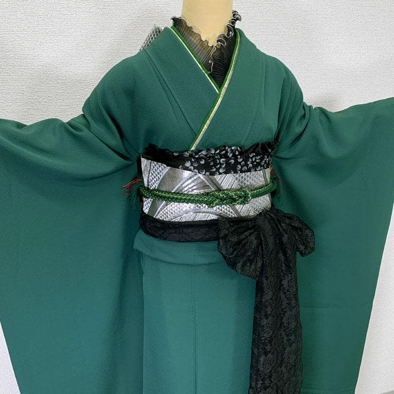 601z14,小物類〇色無地振袖 一つ紋 緑 シンプル モダン〇美品 成人式