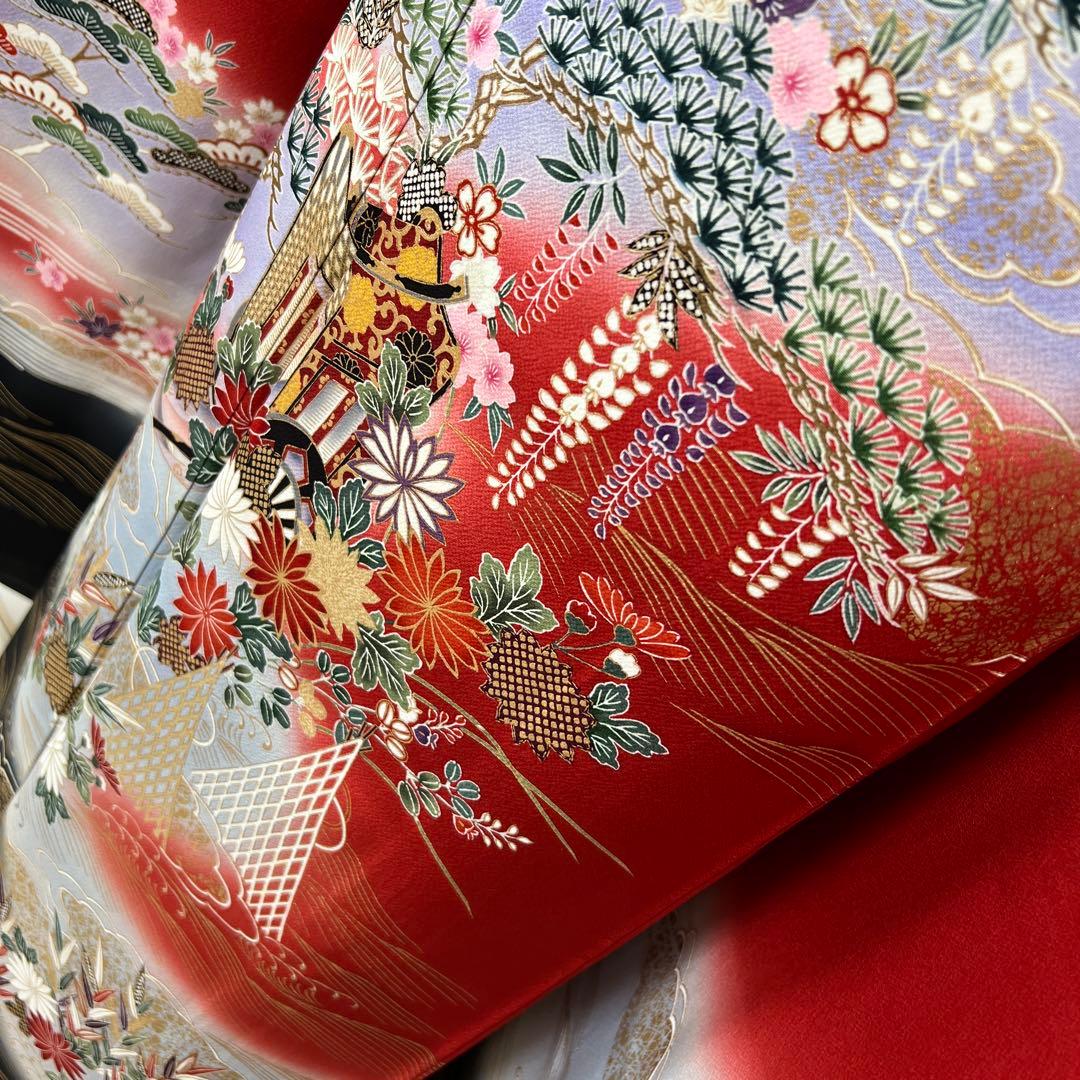 367 振袖フルセット 正絹 赤 レッド 黒 金彩 暈し染め 古典 風景 正統派