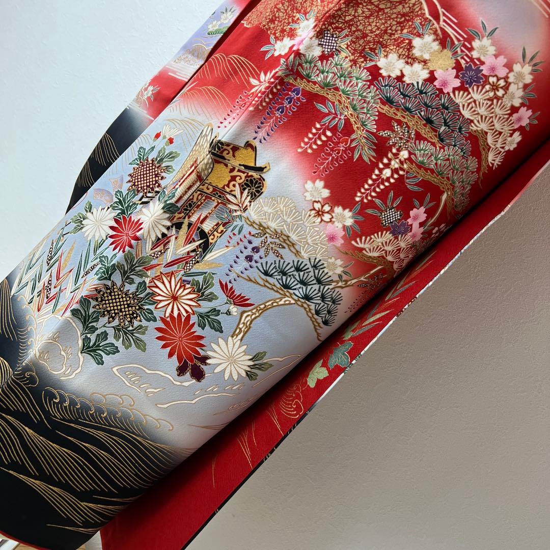 367 振袖フルセット 正絹 赤 レッド 黒 金彩 暈し染め 古典 風景 正統派