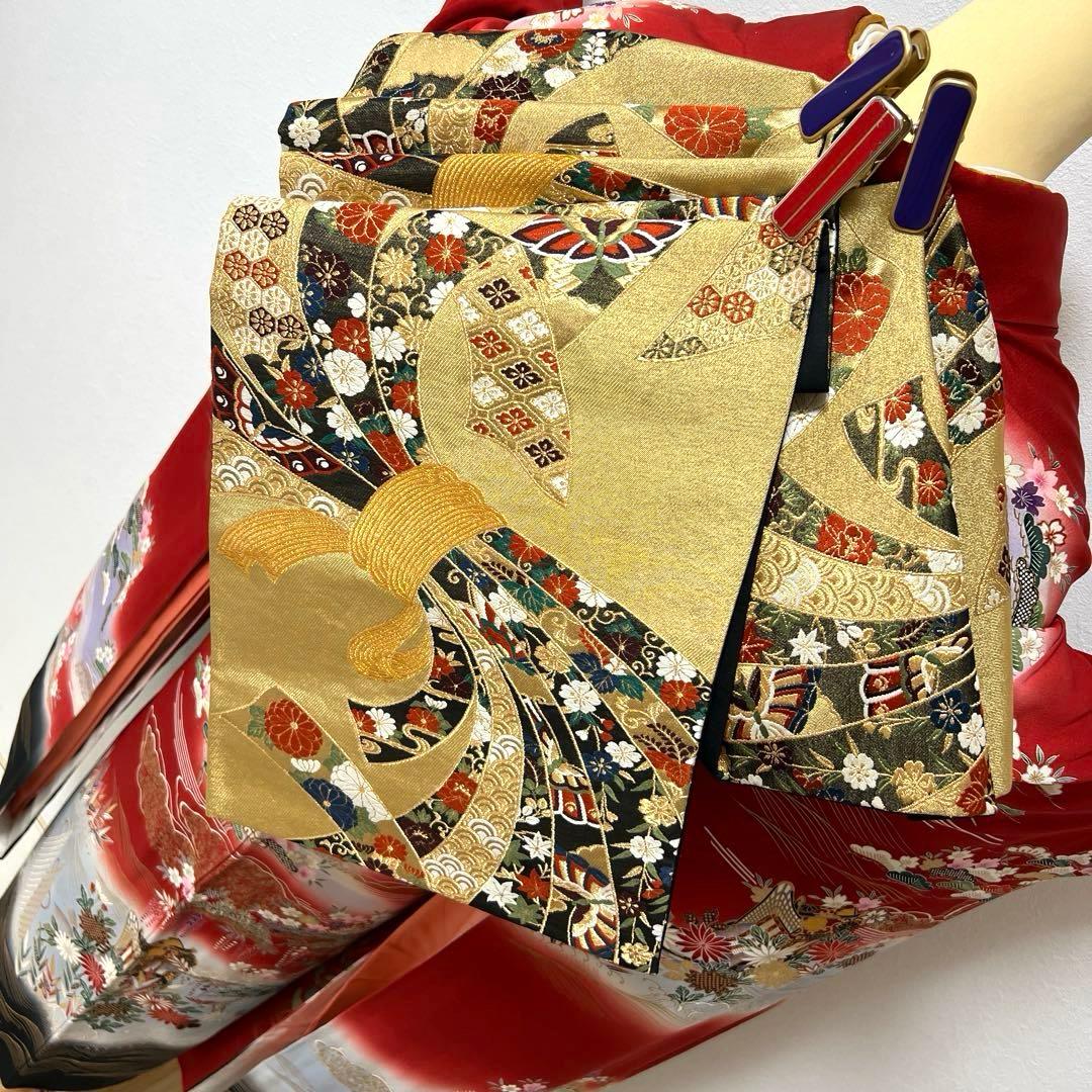 367 振袖フルセット 正絹 赤 レッド 黒 金彩 暈し染め 古典 風景 正統派