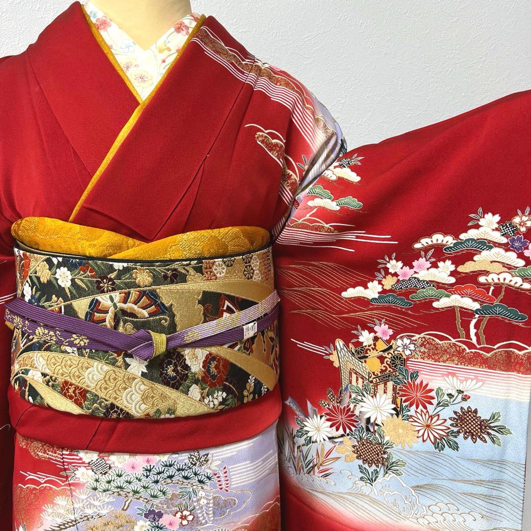 367 振袖フルセット 正絹 赤 レッド 黒 金彩 暈し染め 古典 風景 正統派