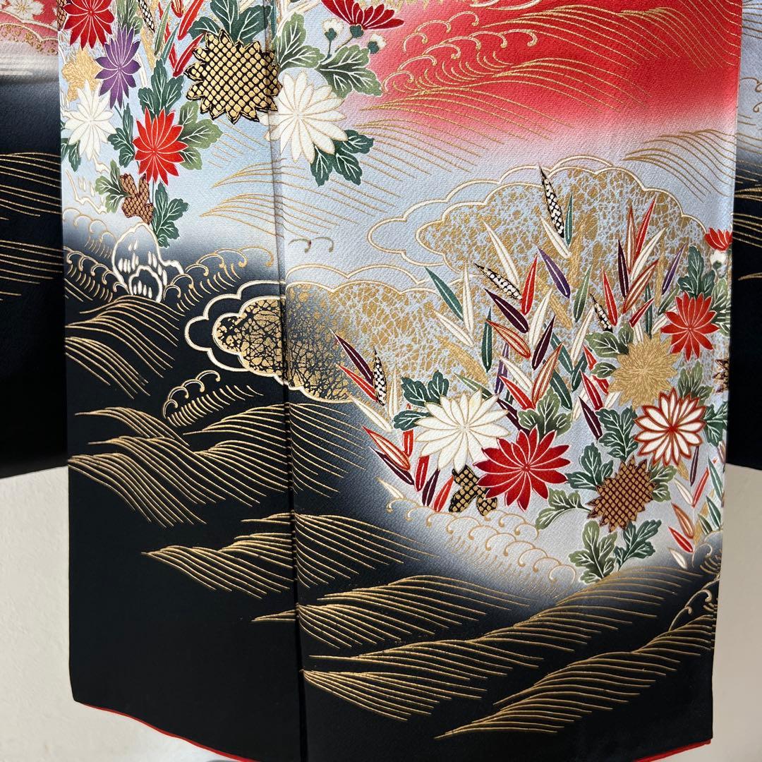 367 振袖フルセット 正絹 赤 レッド 黒 金彩 暈し染め 古典 風景 正統派