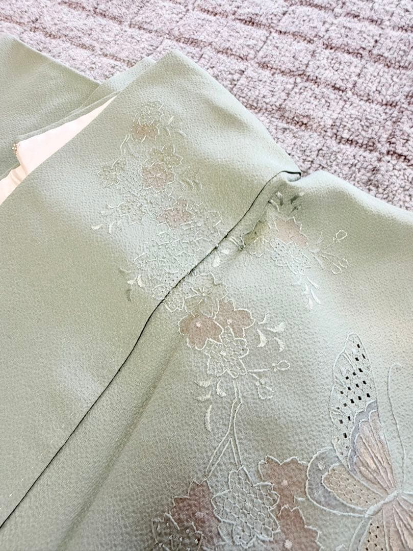 高級 訪問着 正絹 袷 汕頭刺繍 スワトウ 中国刺繍 グリーン 暈し染め