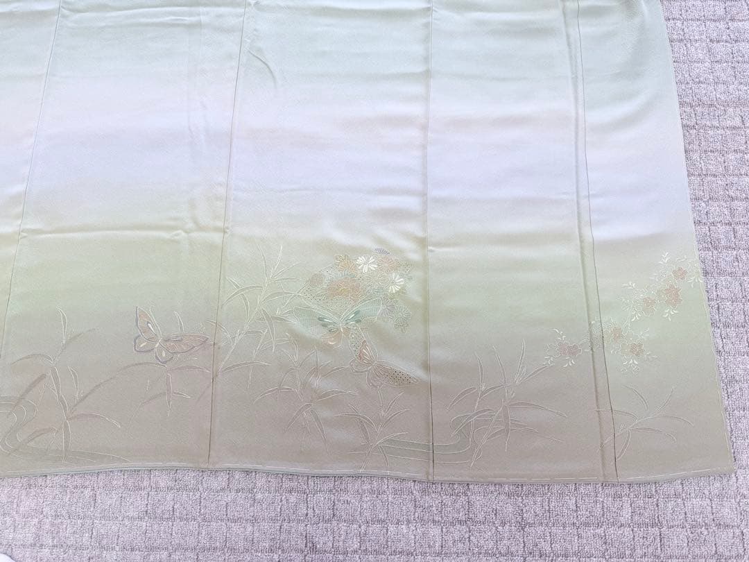 高級 訪問着 正絹 袷 汕頭刺繍 スワトウ 中国刺繍 グリーン 暈し染め