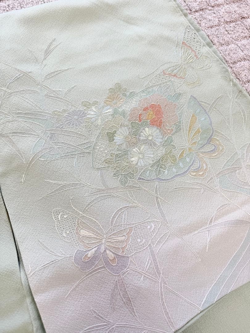 高級 訪問着 正絹 袷 汕頭刺繍 スワトウ 中国刺繍 グリーン 暈し染め