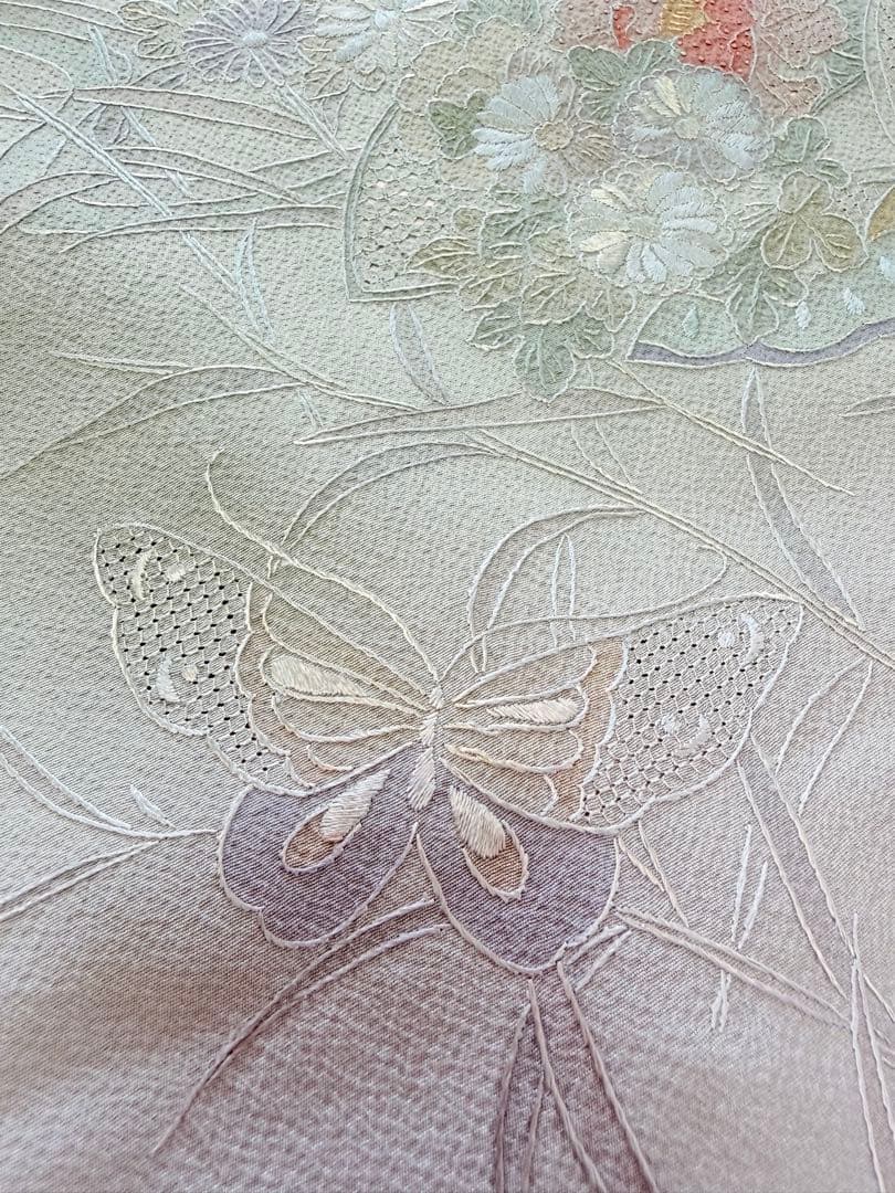 高級 訪問着 正絹 袷 汕頭刺繍 スワトウ 中国刺繍 グリーン 暈し染め