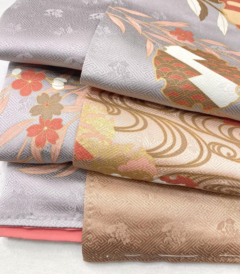 未使用 京友禅 雪輪 花柄 訪問着 袷 金彩 紫 オレンジ ベージュ 1391