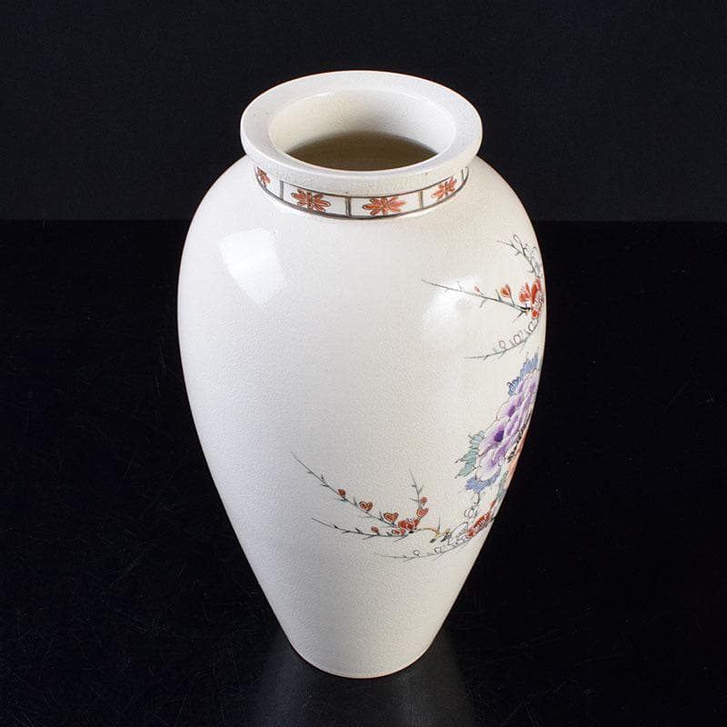 薩摩焼　沈寿官作　色絵　花文　花器　花瓶　時代箱　C R9260