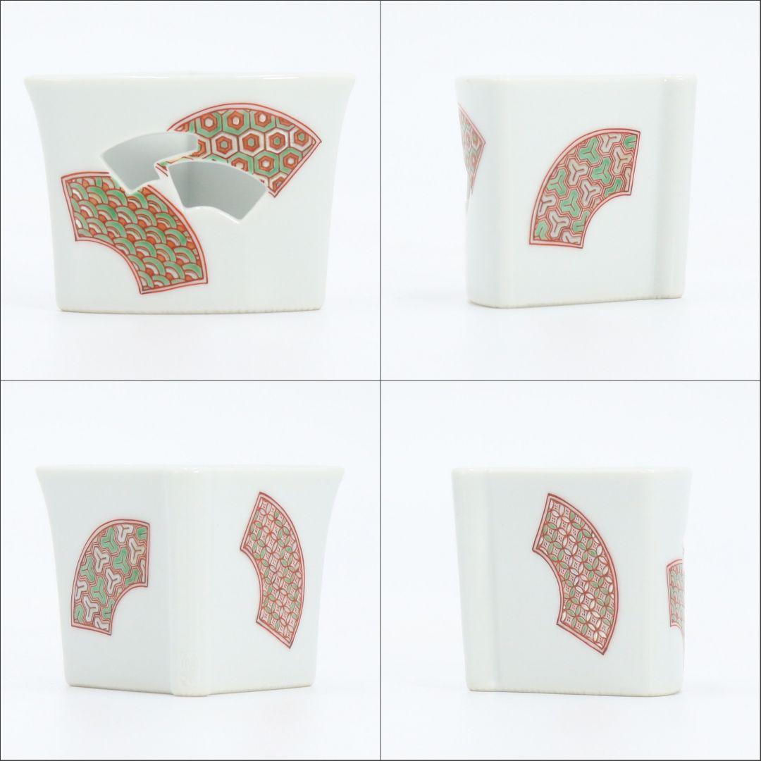 五世 三浦竹泉作 色絵開扇蓋置 共箱 茶道具　V95　1F28