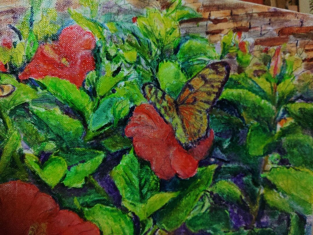 ハイビスカスと蝶々、油彩画