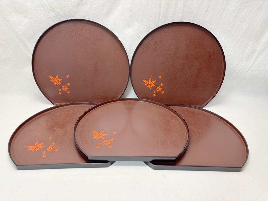 未使用 懐石道具 乾漆塗 半月膳会席膳 5枚組 紅葉蒔絵 懐石盆 会席膳 共箱