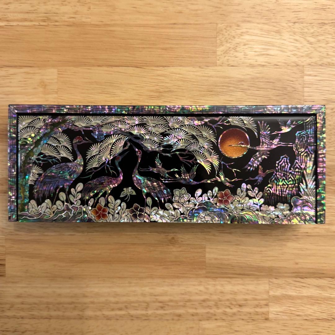 【芸術品★新品未使用】螺鈿細工 韓国螺鈿 鶴柄 長箱 筆箱 ペンケース