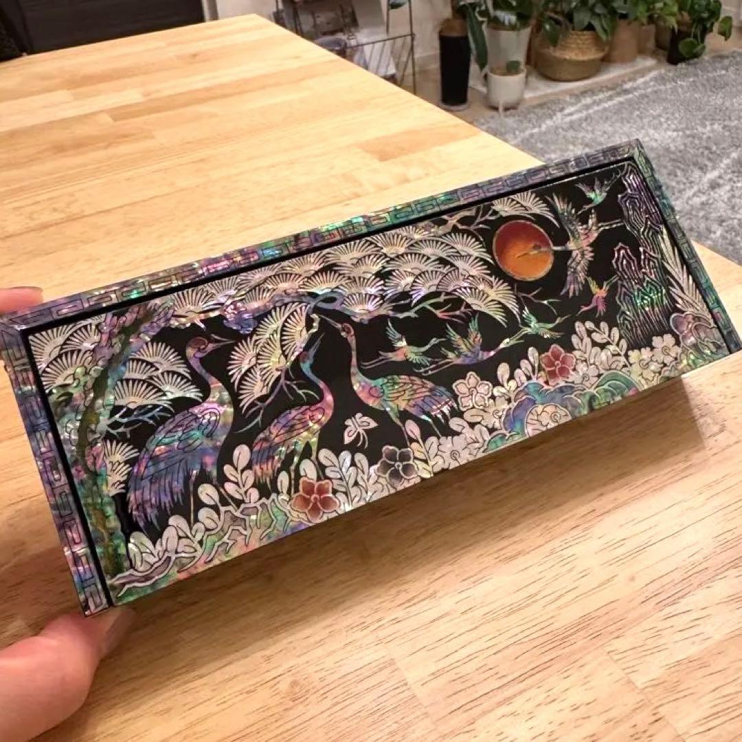 【芸術品★新品未使用】螺鈿細工 韓国螺鈿 鶴柄 長箱 筆箱 ペンケース