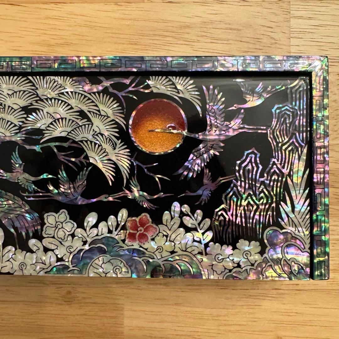 【芸術品★新品未使用】螺鈿細工 韓国螺鈿 鶴柄 長箱 筆箱 ペンケース