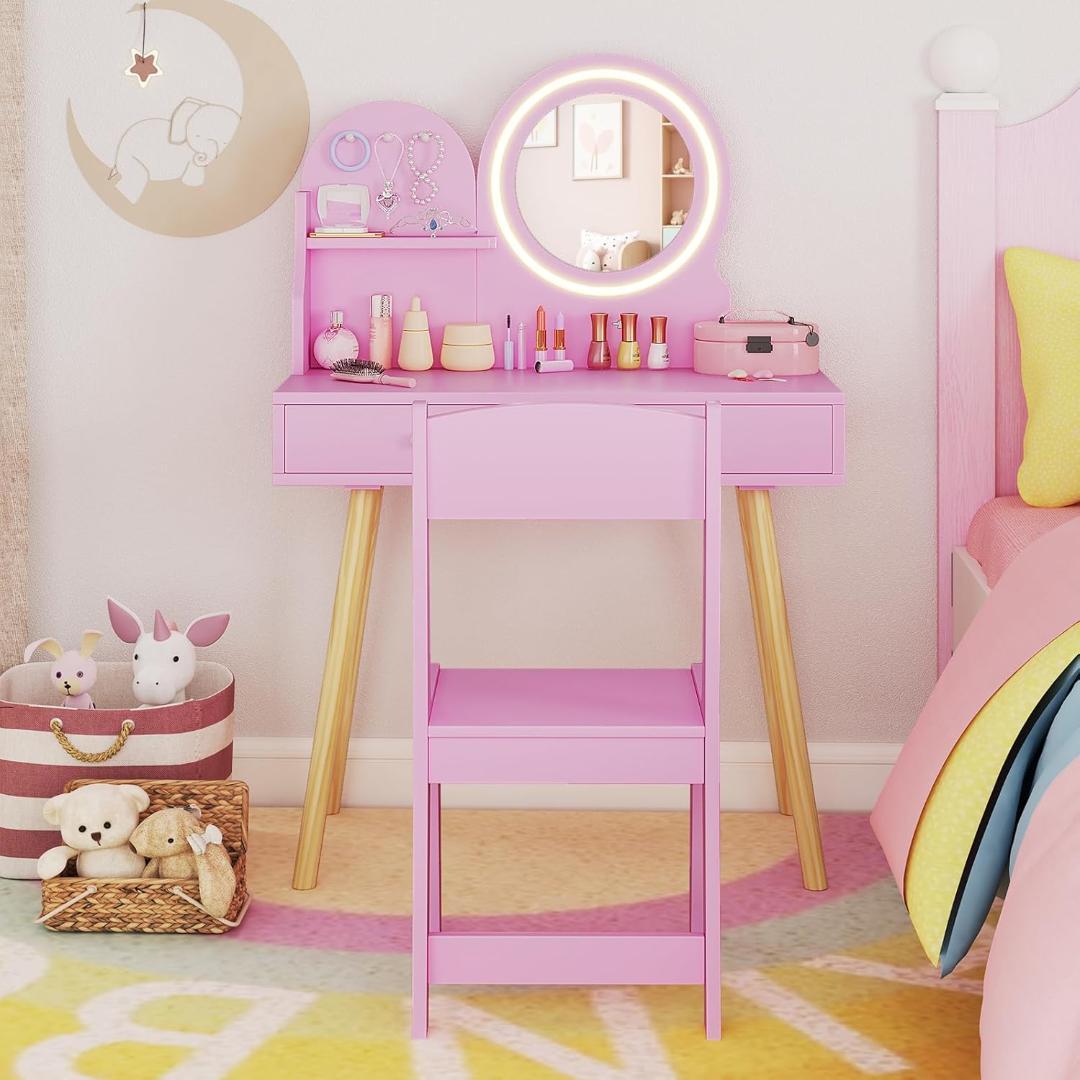 【新品】Giantex 子供ドレッサー 木製 椅子付き LEDライト付きミラー