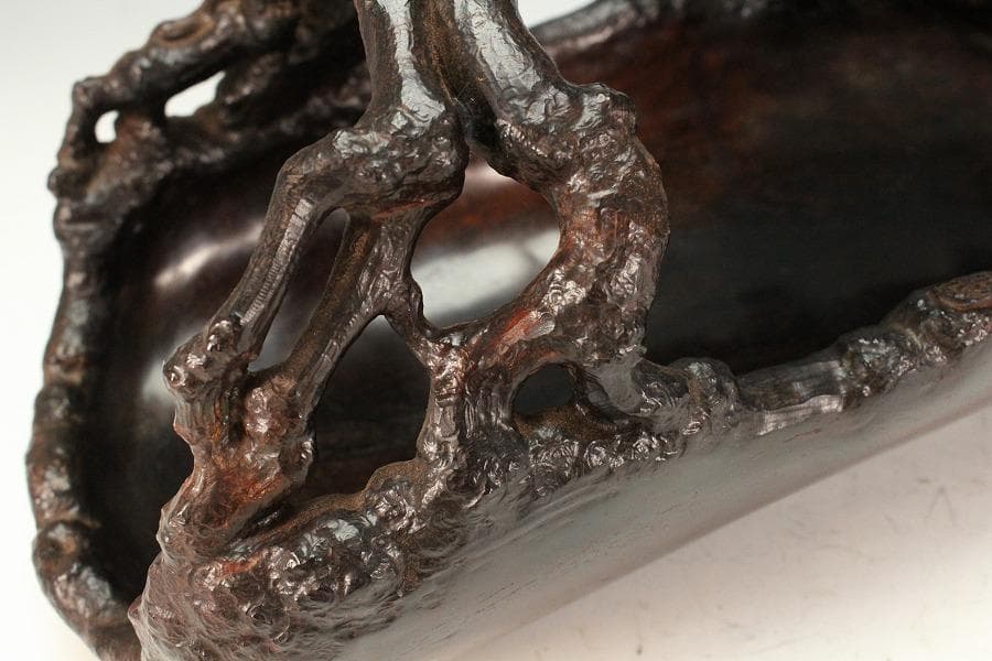 中国美術 紫檀 刻 枝果実 蝸牛 手付 器 39cm 希少(K-A237)