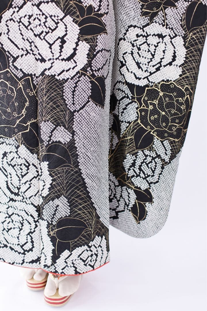 阪急百貨店　振袖　総絞り　薔薇　黒　フルセット　正絹