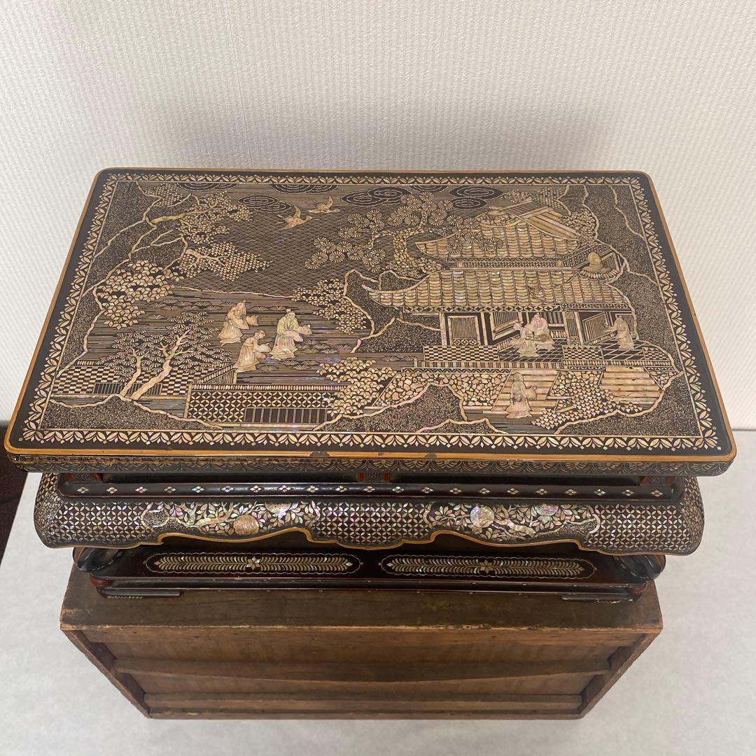 木製　総貝模様　台　木箱入り