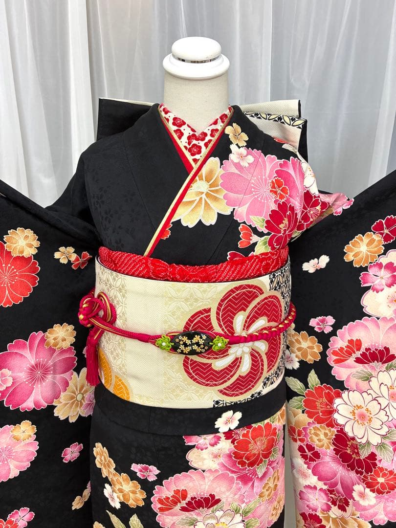 成人式　振袖フルセット　1131　正絹振袖　黒　花柄　格安！