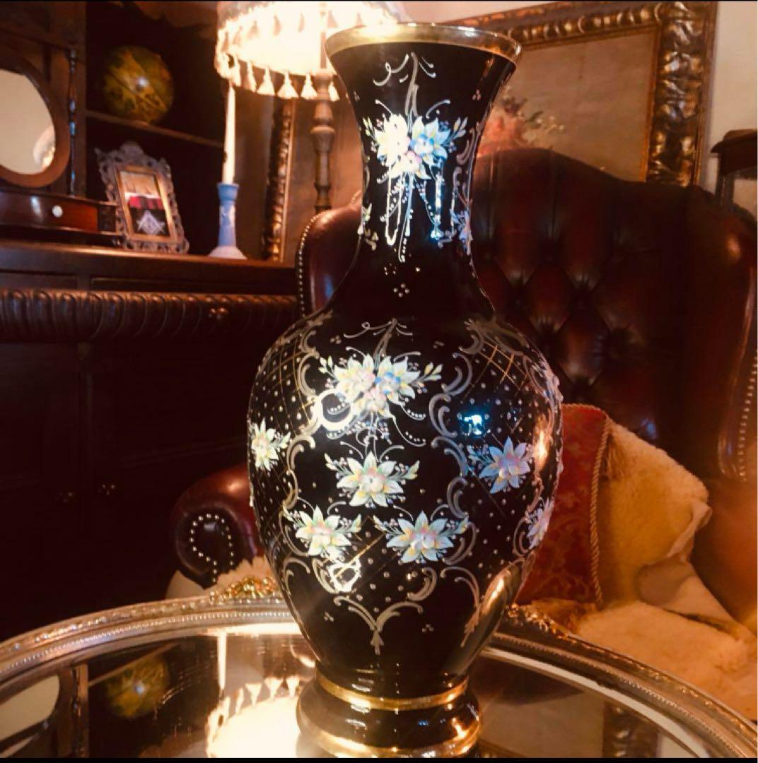 湯布院アンティーク イタリア ムラーノベネチアンガラス 大花瓶 黒ハンドメイド