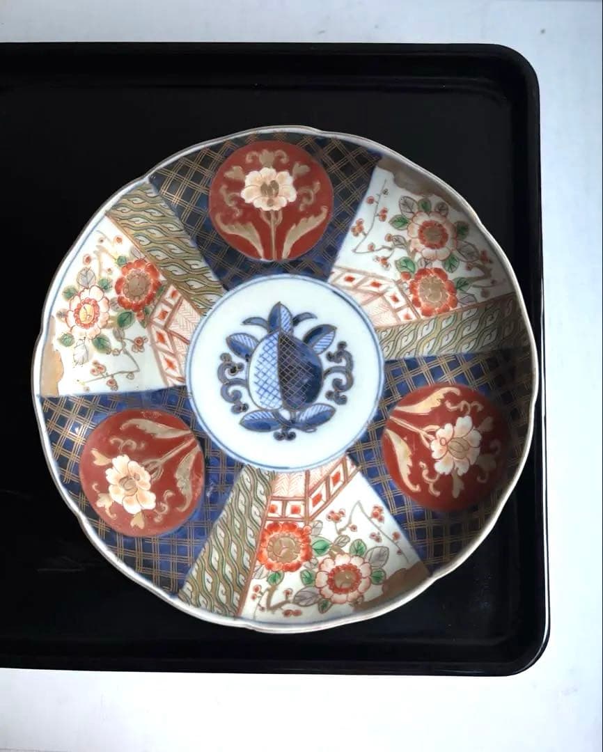 698 骨董 アンティーク 古伊万里 色絵金彩柘榴紋様9寸平皿 幕末