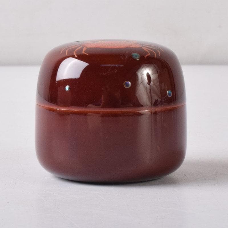 茶道具　山中塗　中嶋宗峰作　桜材　蟹蒔絵　下膨形香合　共箱　V　7507