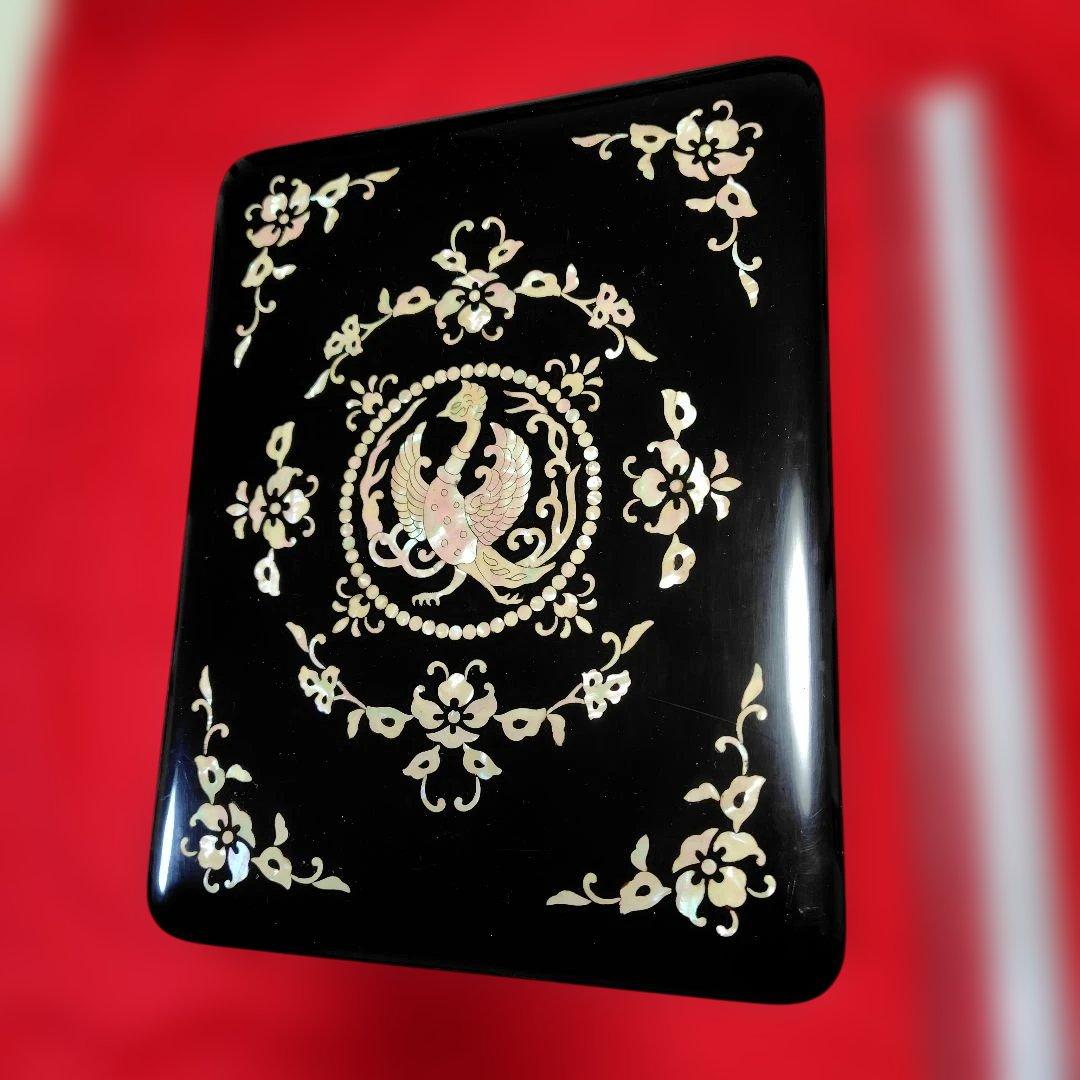 天平鳳凰模様螺鈿硯箱　ミニ硯と水差し内蔵、桐箱つき