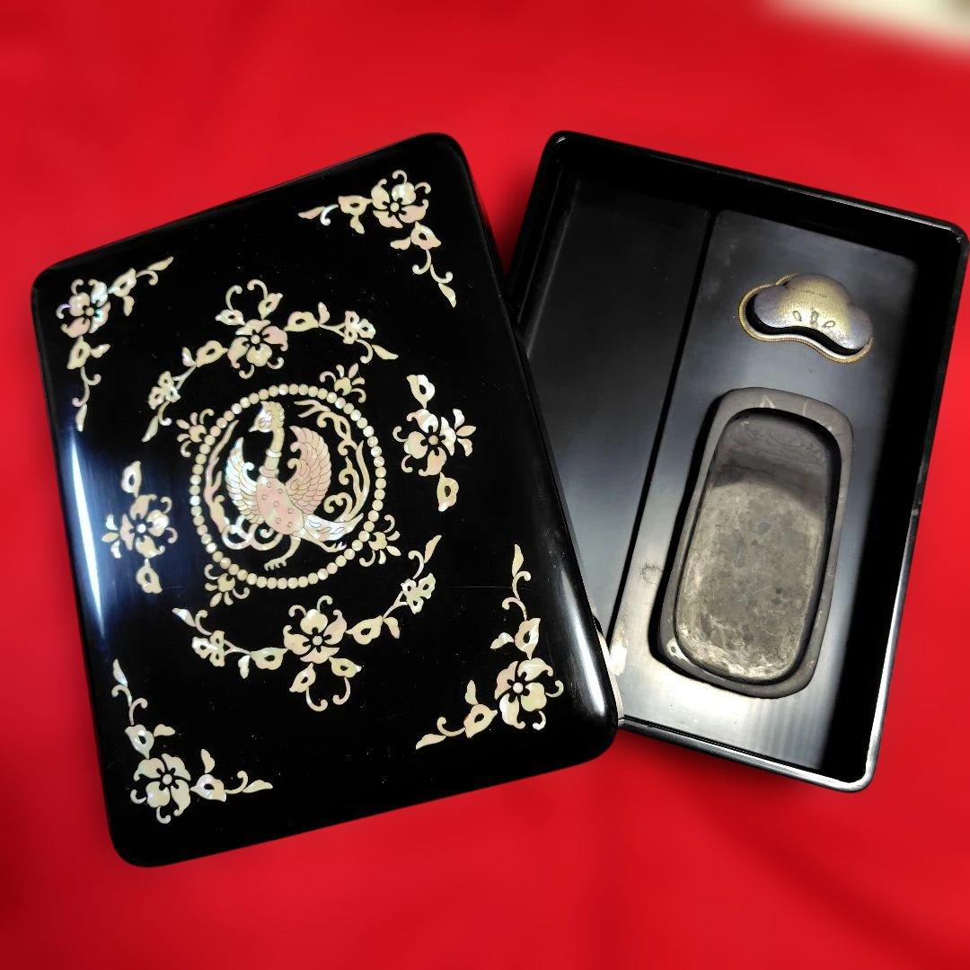 天平鳳凰模様螺鈿硯箱　ミニ硯と水差し内蔵、桐箱つき
