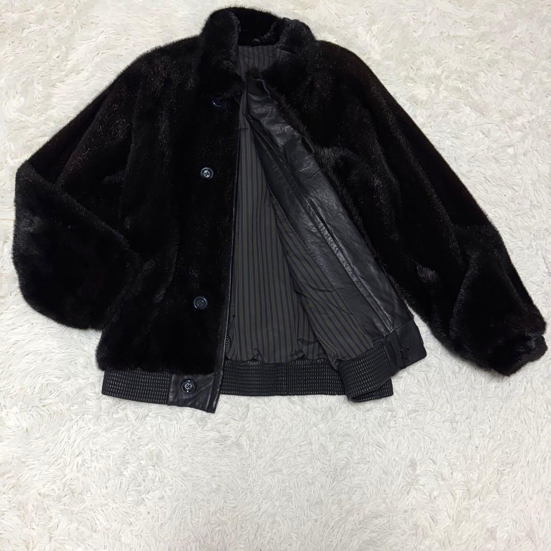【極美品/レア】ミンク 毛皮 レザージャケット 切り替え リブ編み ブラウン